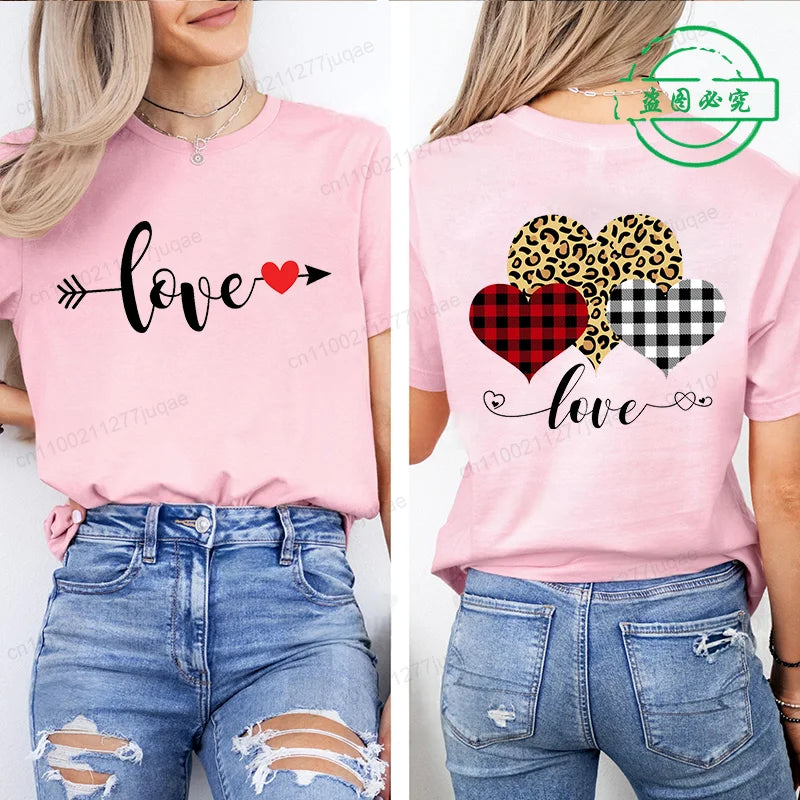 Leopard Heart Shirt T-Shirt Xmas for Women T Shirts Retro Valentine Heart T-Shirts Casual Short Sleeve Tshirt Women Pink Clothes