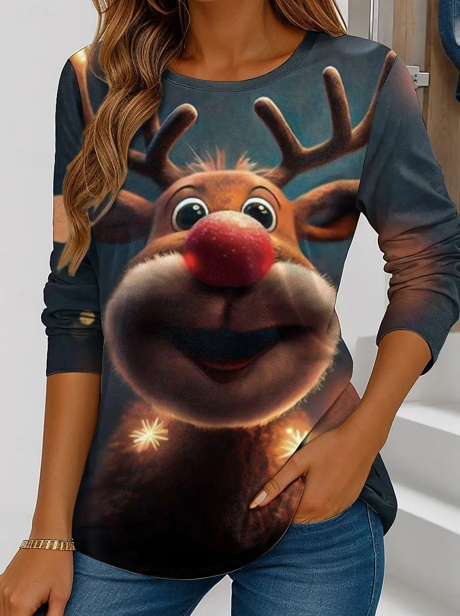 Christmas Women's T-shirt Cute Animal elk 3D Print Crew Neck Outdoor Festival Long Sleeve T Shirts Women Clothing Pullover