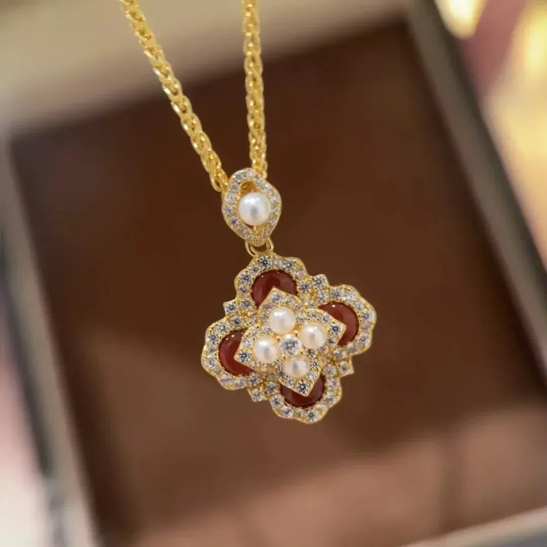 Classic and showy luxury red flower bridal jewelry sets for women exquisite pearl red chalcedony earrings rings necklace