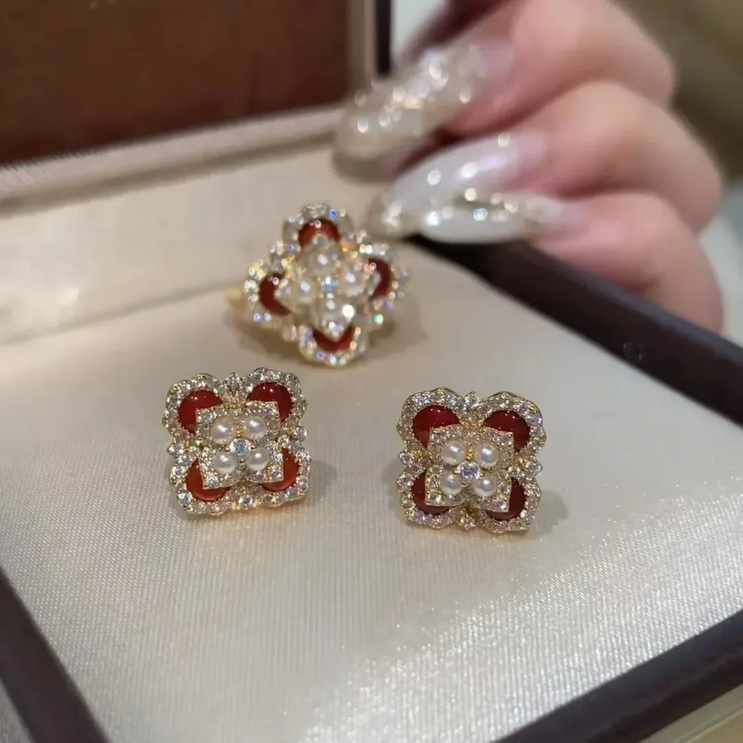 Classic and showy luxury red flower bridal jewelry sets for women exquisite pearl red chalcedony earrings rings necklace