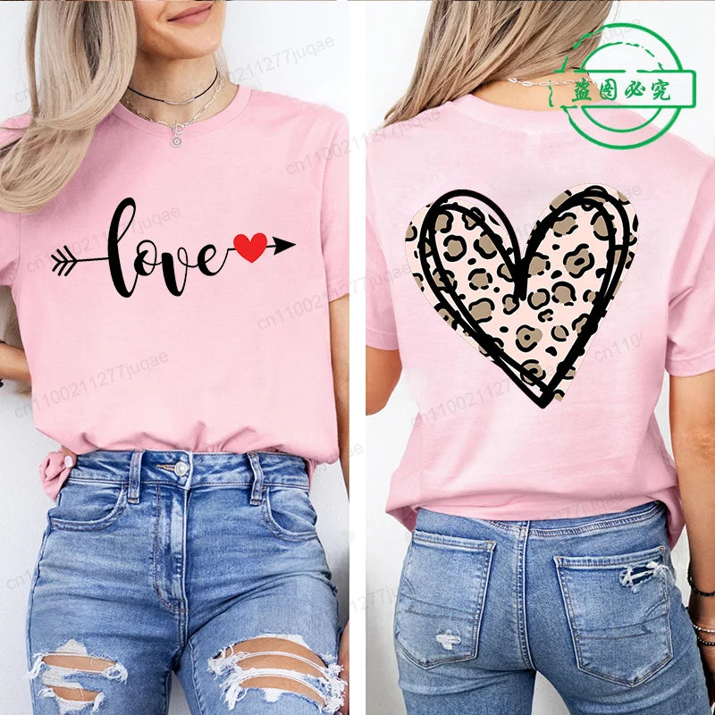 Leopard Heart Shirt T-Shirt Xmas for Women T Shirts Retro Valentine Heart T-Shirts Casual Short Sleeve Tshirt Women Pink Clothes