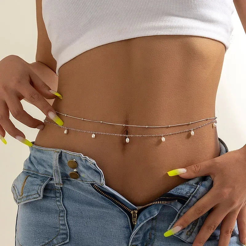 New Fashion Sexy Double Layer Pearl Chain for Women Waist Bead Belly Chain Belly Belt Summer Beach Body Jewelry Festival Gifts