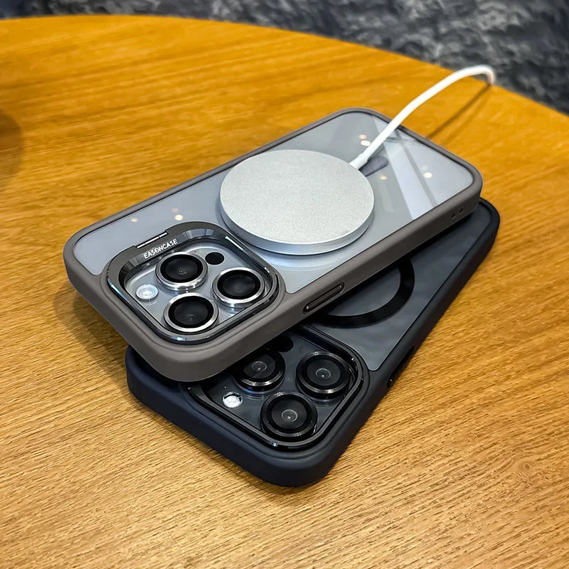 Luxury Magnetic Shockproof Phone Case For iPhone 15 14 13 12 11 16 17 Pro Max Plus 16E Funda Stand Glass Lens Protection Cover