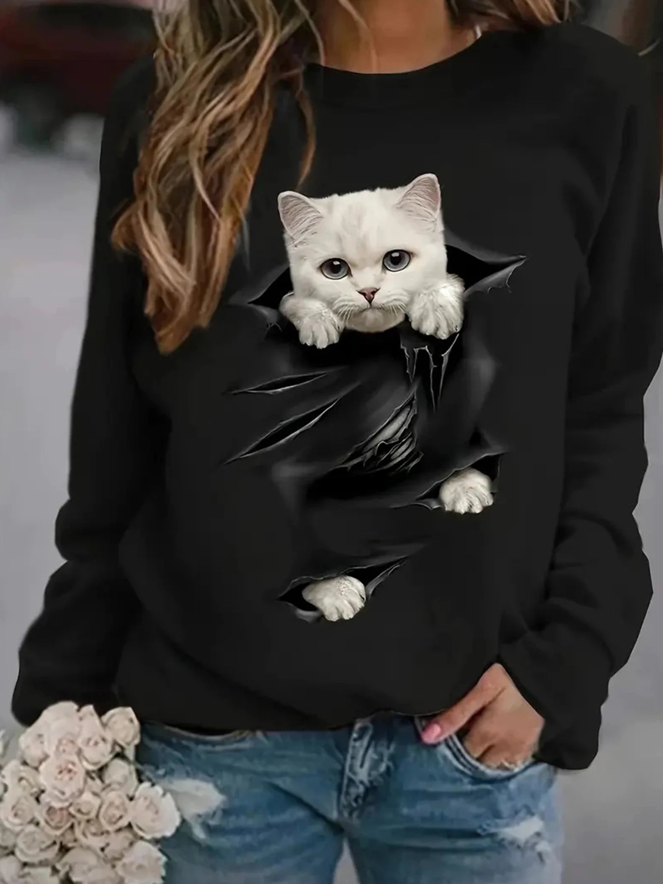 Women’s Sweatshirt with Playful Peeking Kitten Design Round Neck Cat Lover Pullover Tops Graphic Long Sleeve Sweater for Daily