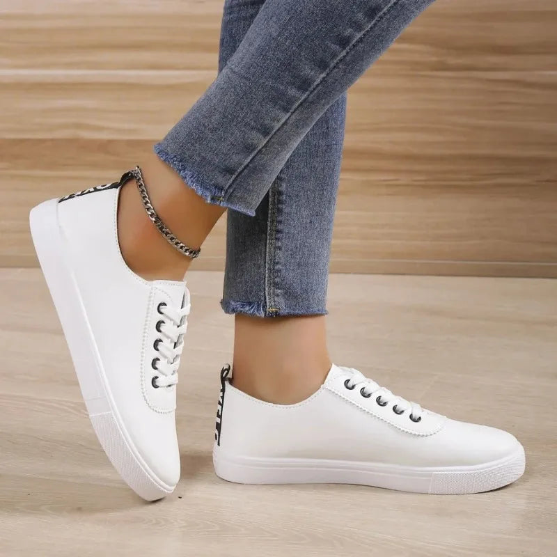 Off White Shoes Sneakers Women Lace-up Shallow White Leather Shoes Versatile Soft Sole Running Walking Zapatos Student Campus