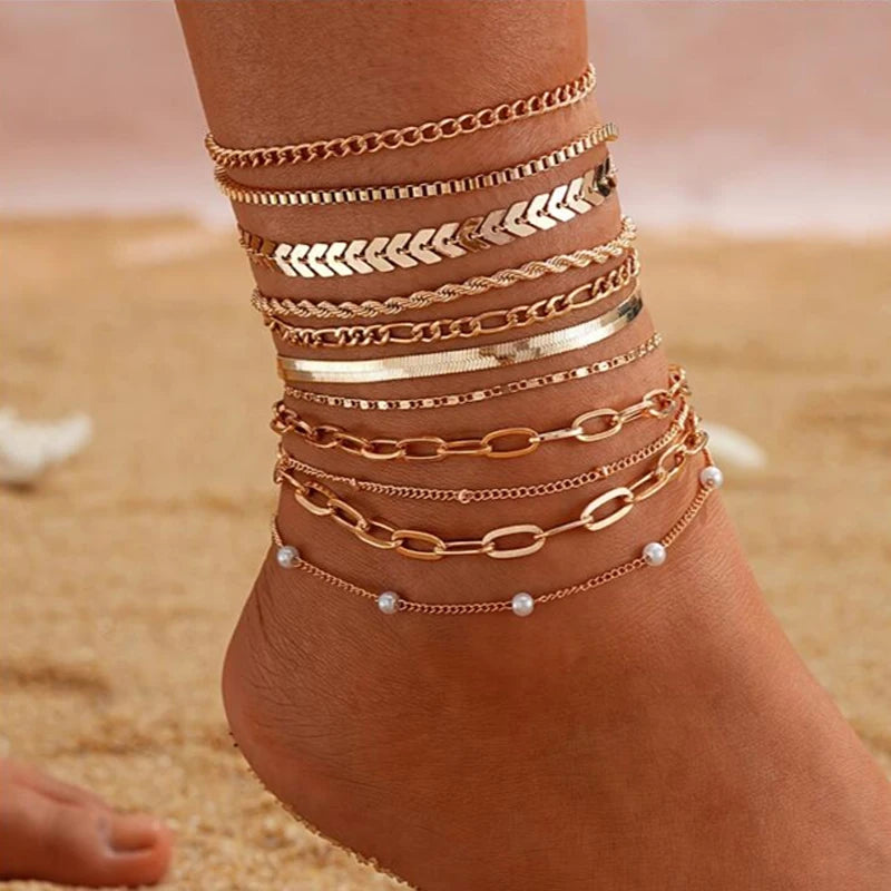 11 Pcs Boho Multi Layer Anklets Set For Women Vintage Simple Summer Gold Color Pearl Chain On Leg Beach Foot Jewelry Gifts 2024
