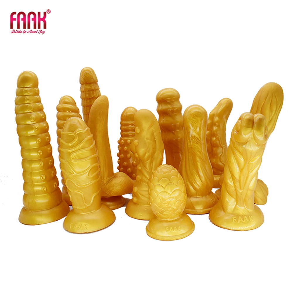 FAAK Gold Large Long Anal Plug With Suction Cup Fantasy Animal Dildos Butt Plug Sex Toys For Women Men Masturbator