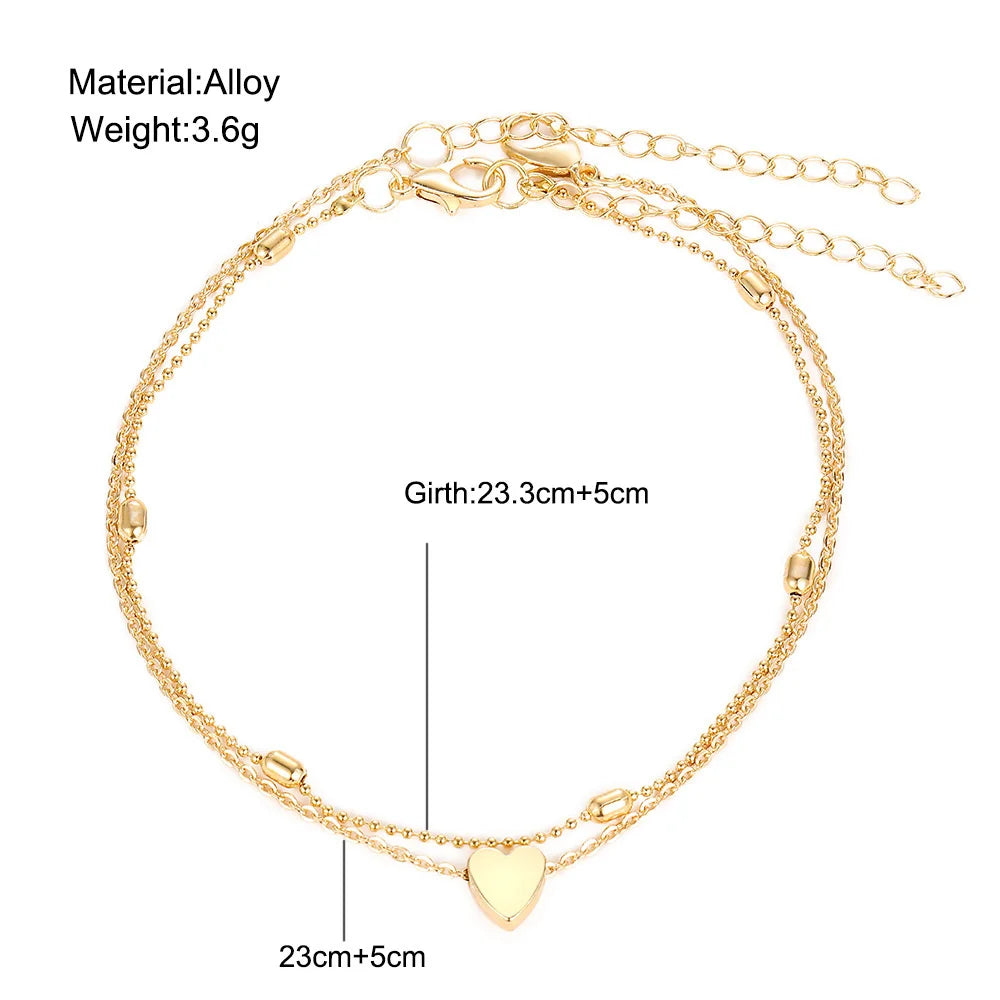 2025 Two Layers Chain Heart Style Gold/Silver Color Anklets For Women Bracelets Summer Barefoot Sandals Jewelry On Foot Leg