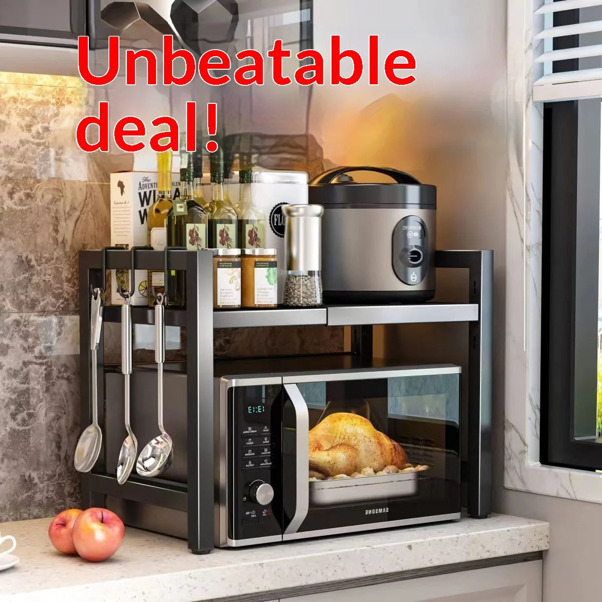 Countertop Kitchen Microwave Storage Rack, Telescopic Desktop Shelf for Rice Cookers and Ovens, A Household Storage Organizer