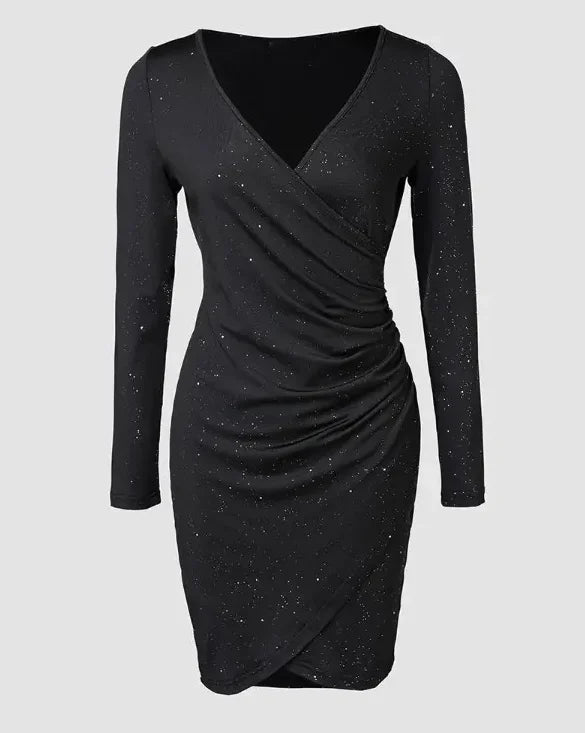 Elegant Black V-Neck Long Sleeve Mini Dress with Glitter Detail - Stretchy Polyester Ruched Cocktail Party Gown for Women, Cock