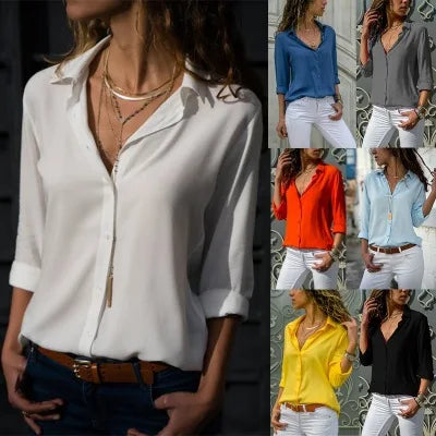 Autumn Shirt Women's Polo Collar Office Lady blouse Vintage Shirt Loose Button Up Down Shirts Fashion Tops