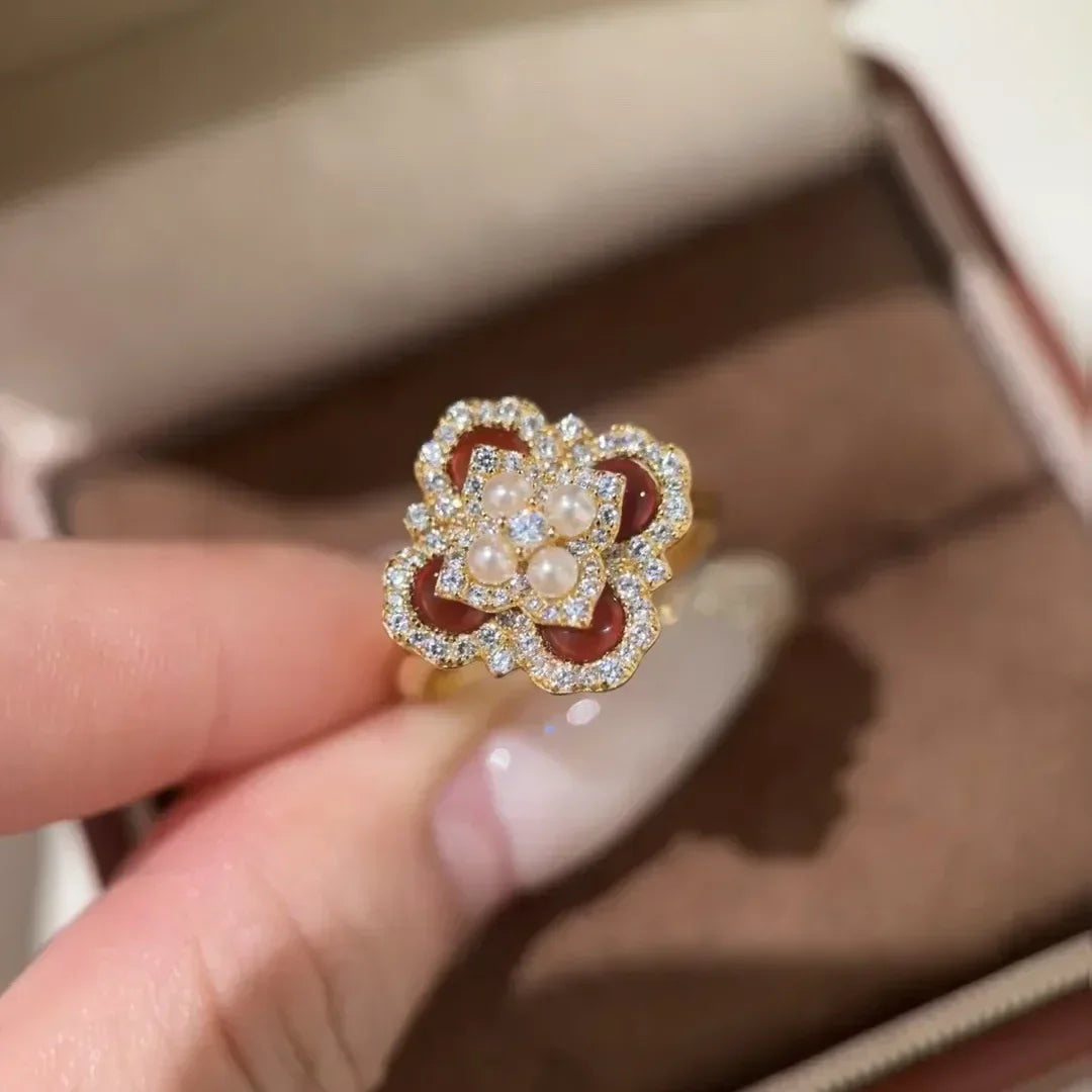 Classic and showy luxury red flower bridal jewelry sets for women exquisite pearl red chalcedony earrings rings necklace