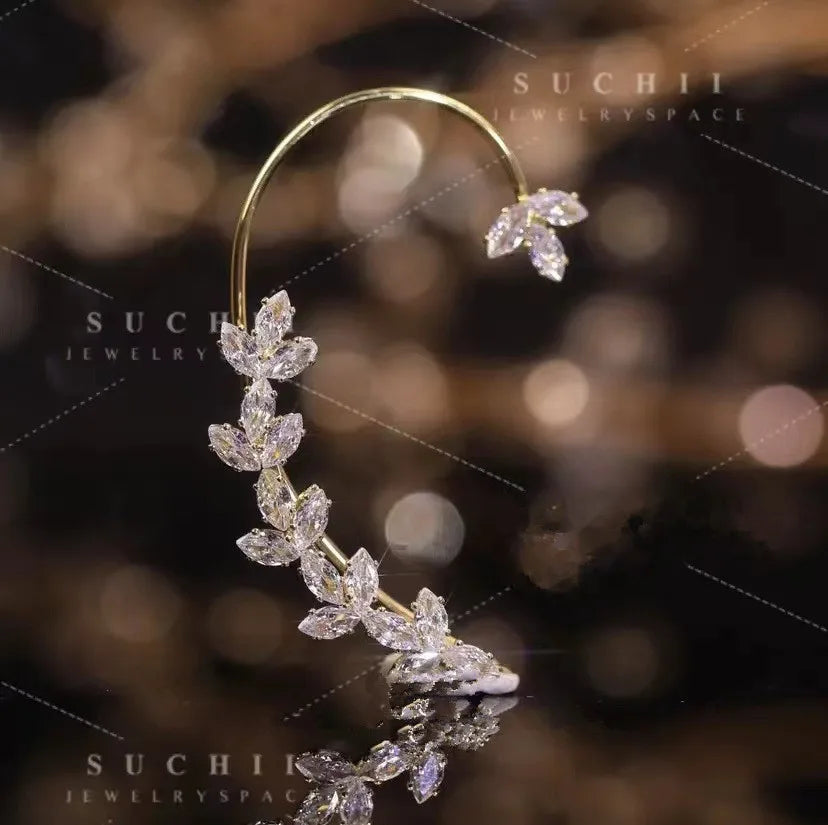 Green Crystal Golden Leaves Earrings for Women Individuality Daily Accessories Valentines Day Anniversary Birthday Jewelry Gifts