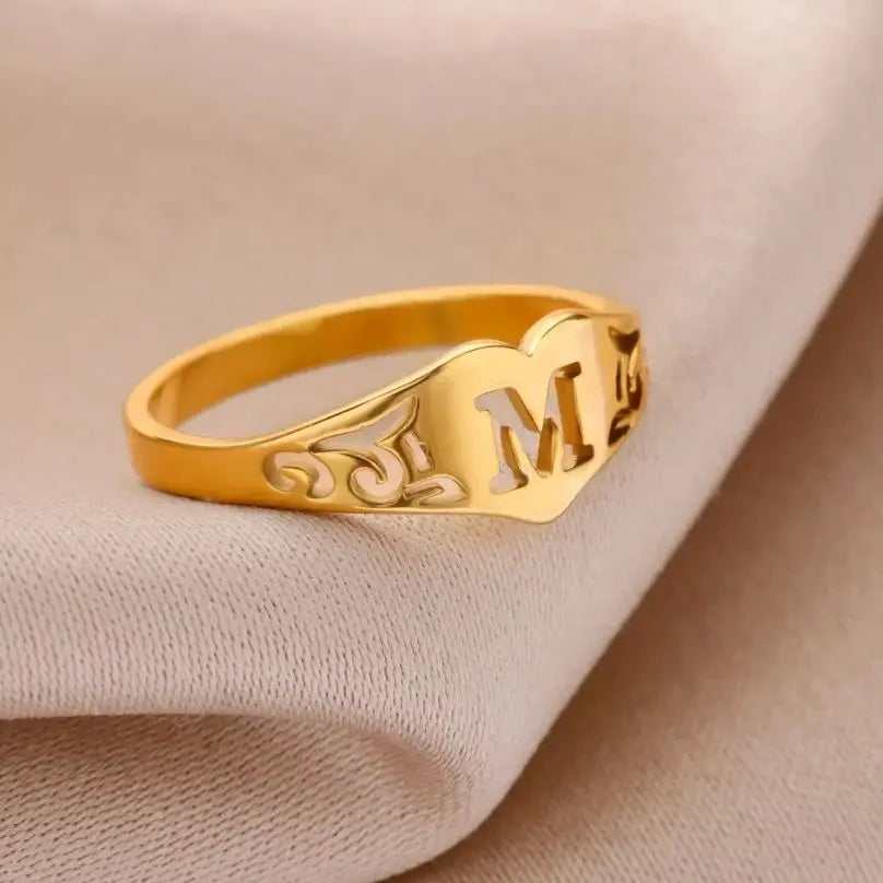 Fashion Hollow Initial Letter Heart Rings For Women Gold Color Stainless Steel A-Z Letter Ring Aesthetic Wedding Jewelry Gift