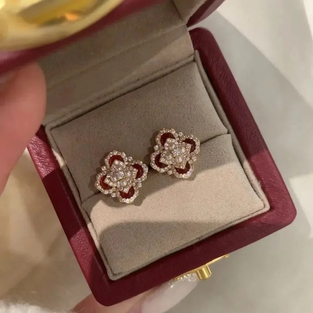 Classic and showy luxury red flower bridal jewelry sets for women exquisite pearl red chalcedony earrings rings necklace