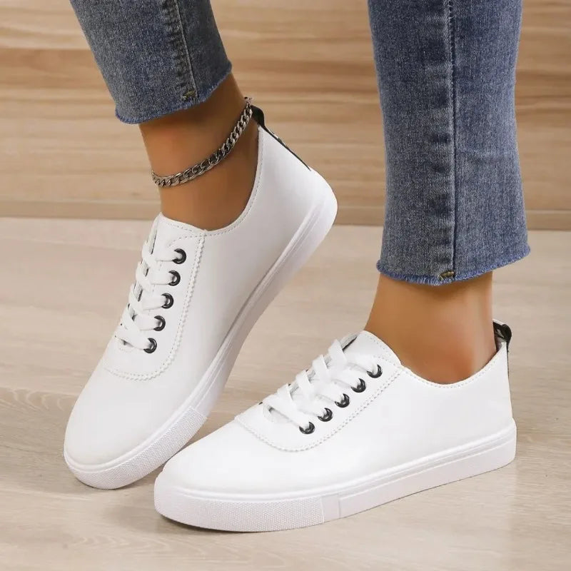 Off White Shoes Sneakers Women Lace-up Shallow White Leather Shoes Versatile Soft Sole Running Walking Zapatos Student Campus