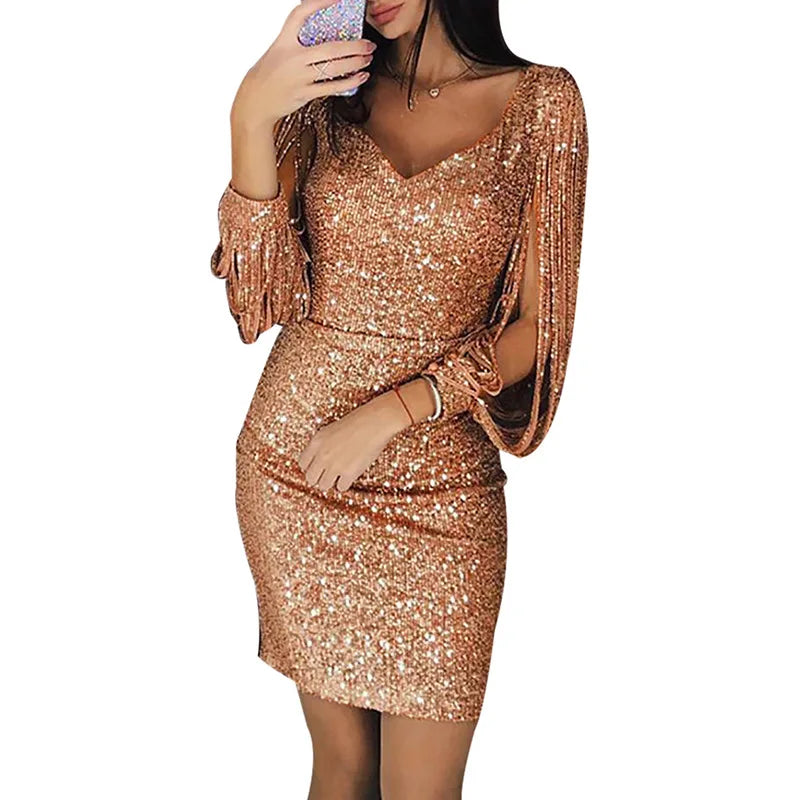 Evening Dresses for Women Elegant Long Sleeve Sequin Mini Dresses Sexy Ruched Bodycon Sparkly Glitter Cocktail Party Dresses