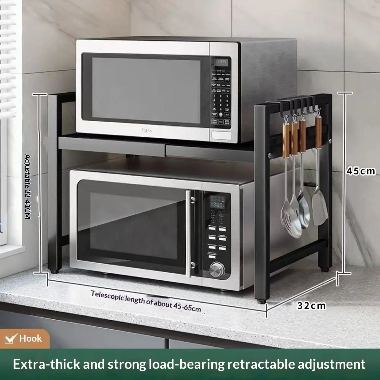 Countertop Kitchen Microwave Storage Rack, Telescopic Desktop Shelf for Rice Cookers and Ovens, A Household Storage Organizer