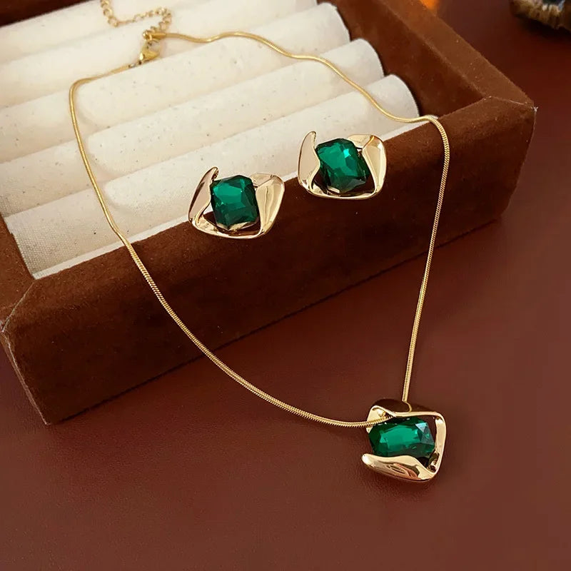 DREJEW Green Fashion Wedding Jewelry Set Wholesale Square Earring Retro Light Luxury Temperament Collarbone Chain Necklace