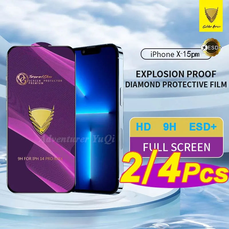 2/4Pcs For iPhone 16e 16 15 14 13 11 Pro Max 17Air Tempered Glass Screen Protector Golden Armor Luxury 12 Full Glue X XR XS Plus