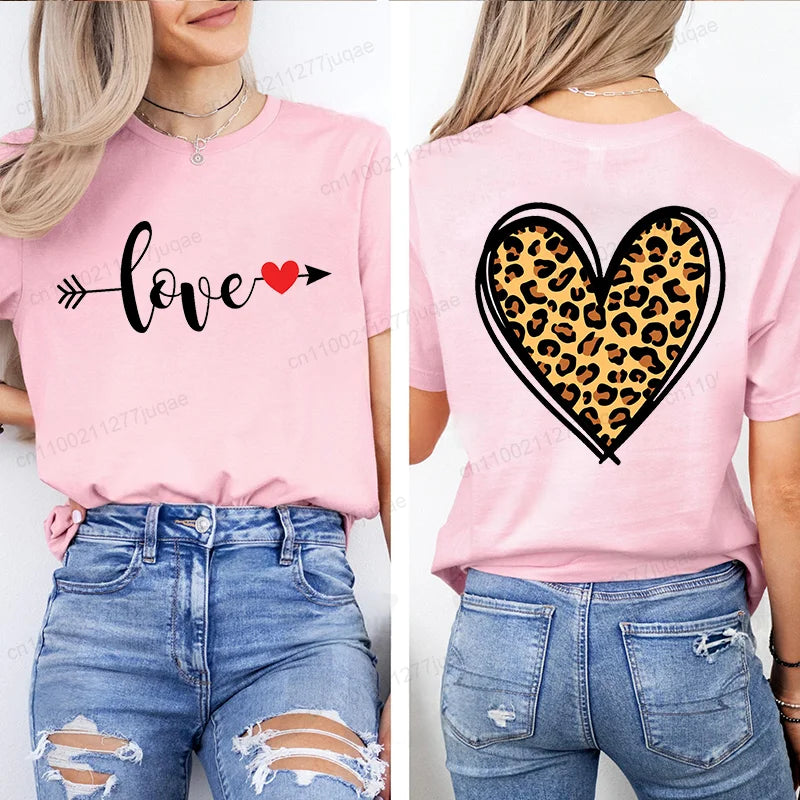 Leopard Heart Shirt T-Shirt Xmas for Women T Shirts Retro Valentine Heart T-Shirts Casual Short Sleeve Tshirt Women Pink Clothes
