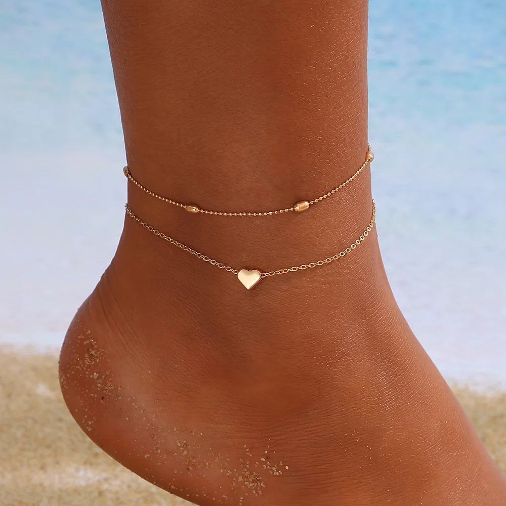 2025 Two Layers Chain Heart Style Gold/Silver Color Anklets For Women Bracelets Summer Barefoot Sandals Jewelry On Foot Leg