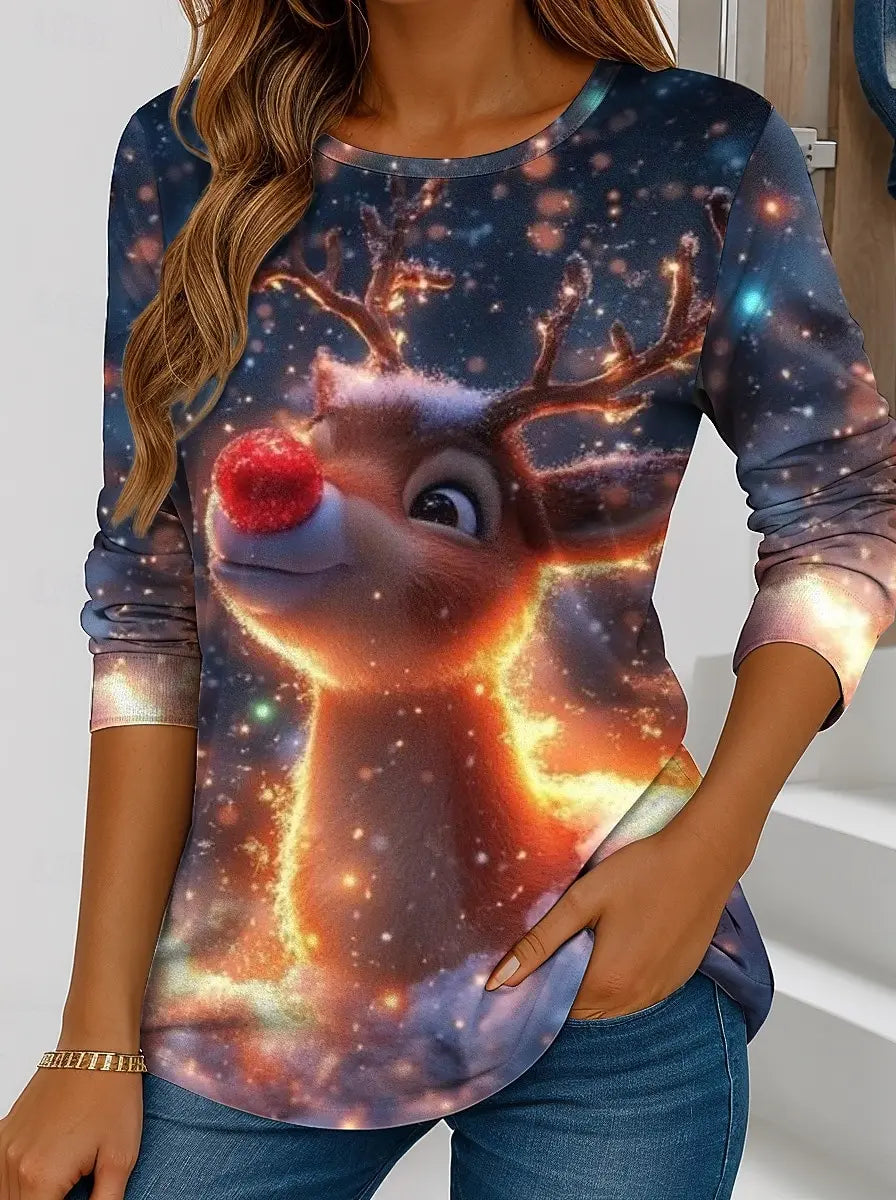 Christmas Women's T-shirt Cute Animal elk 3D Print Crew Neck Outdoor Festival Long Sleeve T Shirts Women Clothing Pullover