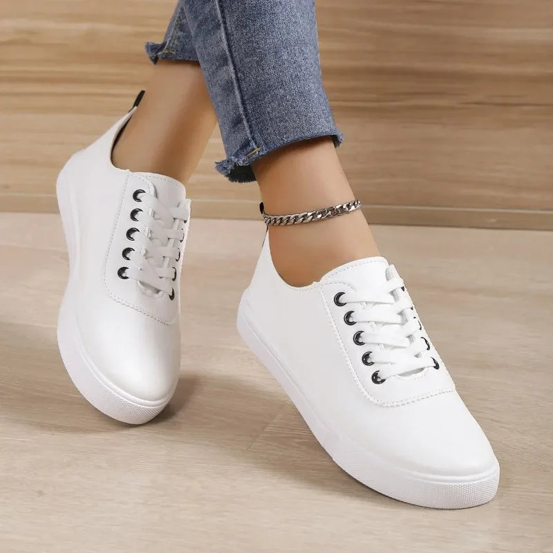Off White Shoes Sneakers Women Lace-up Shallow White Leather Shoes Versatile Soft Sole Running Walking Zapatos Student Campus