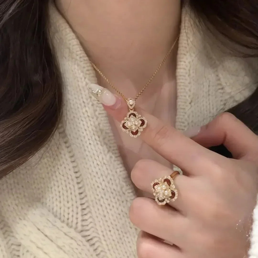 Classic and showy luxury red flower bridal jewelry sets for women exquisite pearl red chalcedony earrings rings necklace