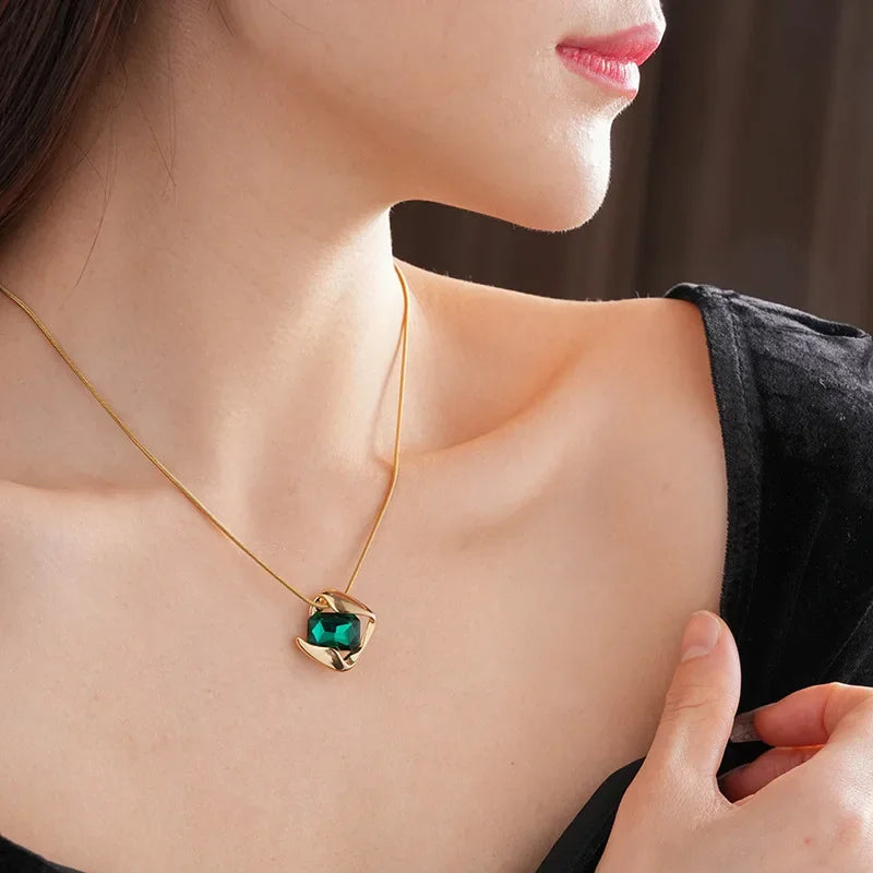 DREJEW Green Fashion Wedding Jewelry Set Wholesale Square Earring Retro Light Luxury Temperament Collarbone Chain Necklace