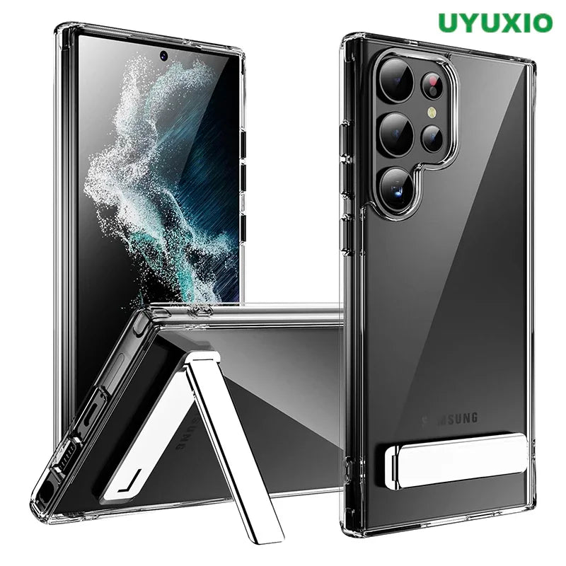UYUXIO Kickstand Clear Mobile Phone Case for Samsung Galaxy S25 Ultra Plus S24 S23 FE S22 Stand Cases Back Cover with Holder
