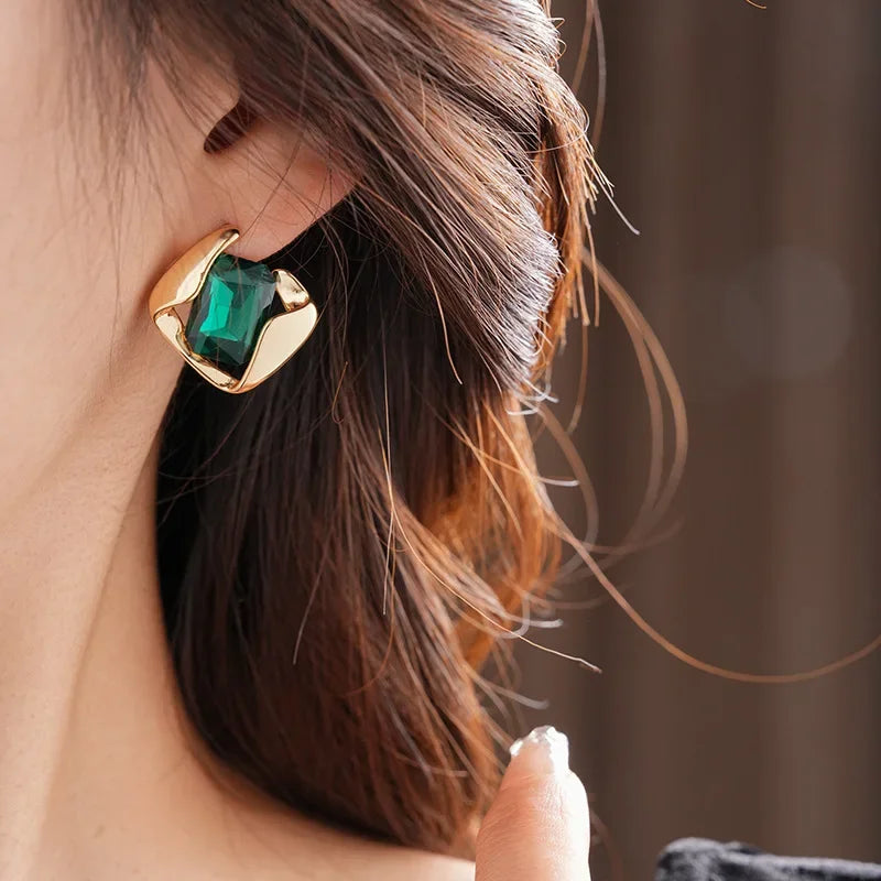 DREJEW Green Fashion Wedding Jewelry Set Wholesale Square Earring Retro Light Luxury Temperament Collarbone Chain Necklace