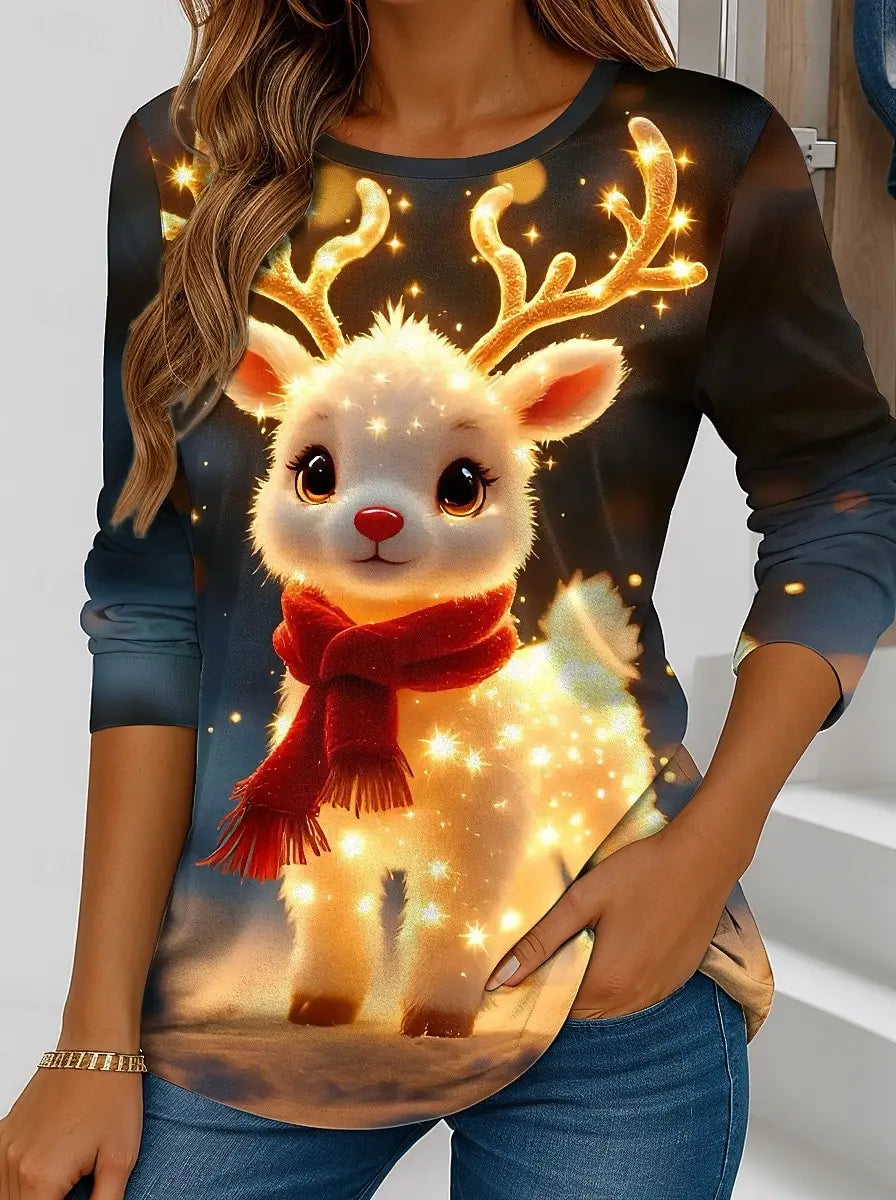 Christmas Women's T-shirt Cute Animal elk 3D Print Crew Neck Outdoor Festival Long Sleeve T Shirts Women Clothing Pullover