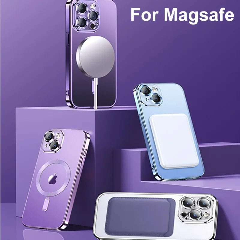 Luxury Plating For Magsafe Magnetic Case For iPhone 17 16 15 14 13 12 11 Pro Max Plus Wireless Charge Cover With Lens Protector