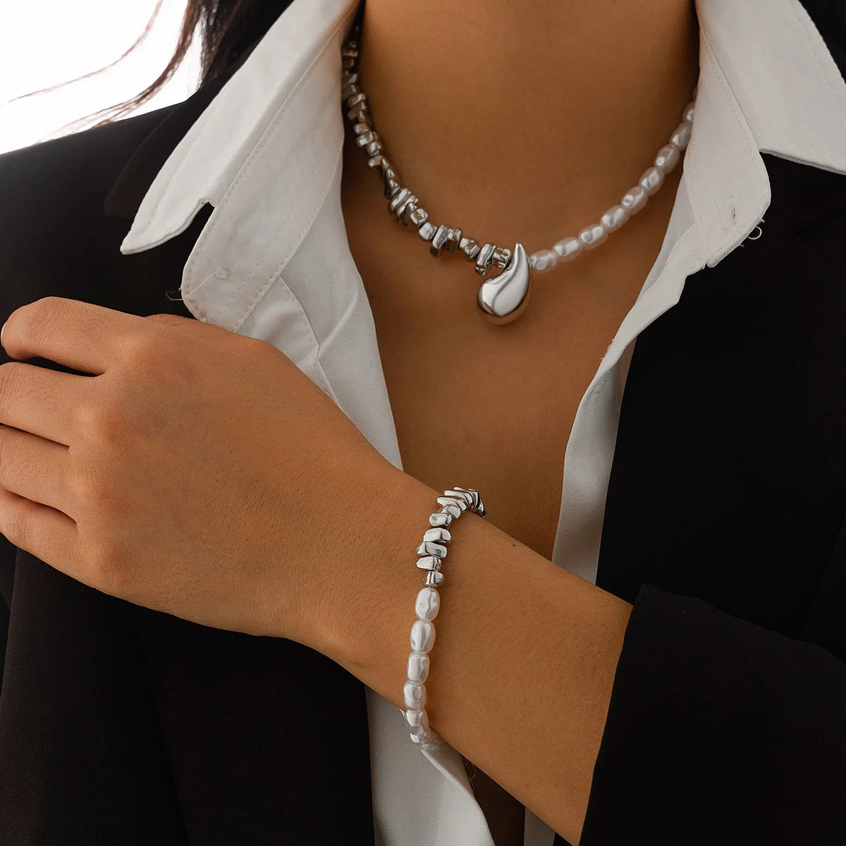 Vintage Irregular CCB Imitation Pearl Splicing Water Drop Pendant Tassel Necklace Bracelet Set Women's Fashion Charm Jewelry Set