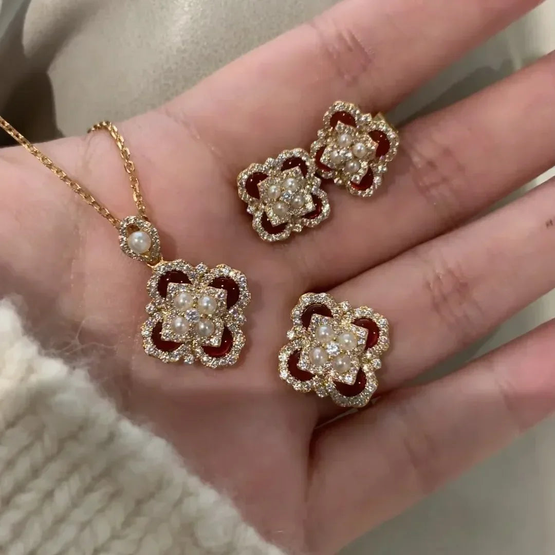 Classic and showy luxury red flower bridal jewelry sets for women exquisite pearl red chalcedony earrings rings necklace