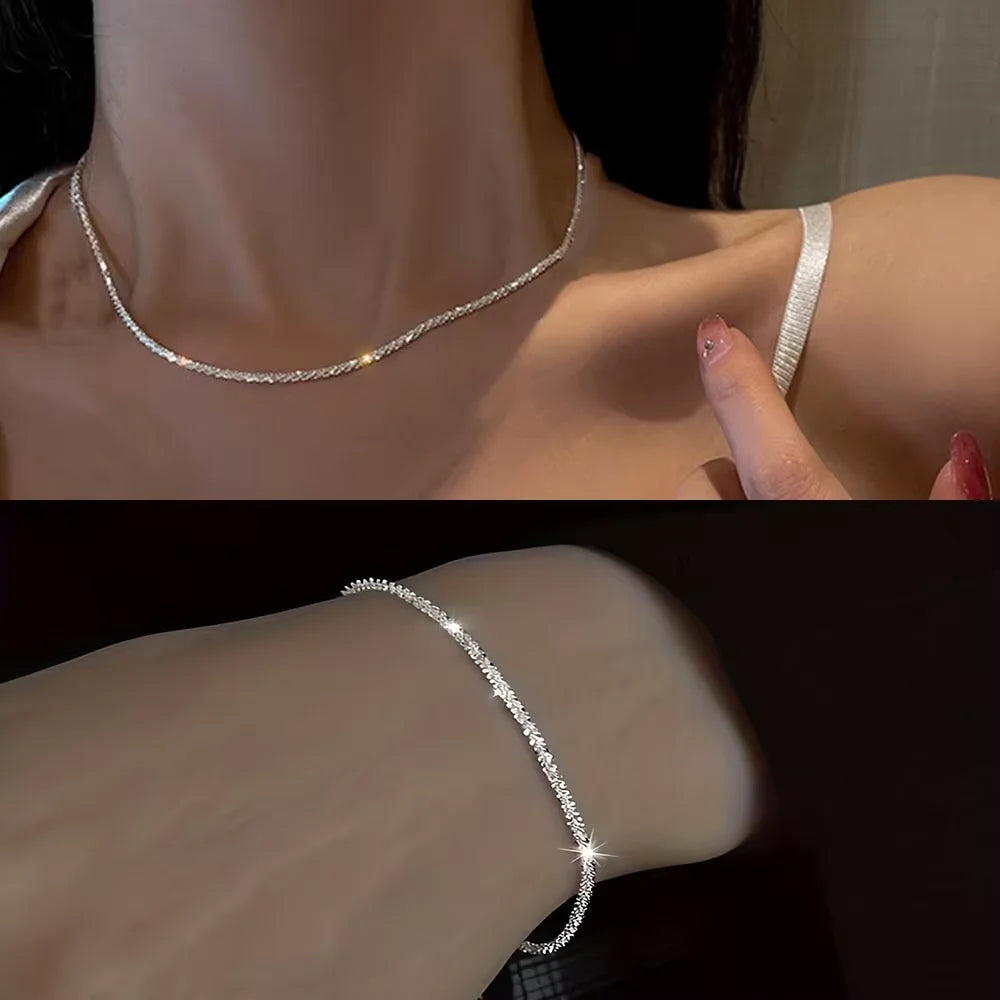 Set of Shiny Silver Plated Collarbone Chain Necklace Bracelet Jewelry, Women's Minimalist Starry Sky Accessories