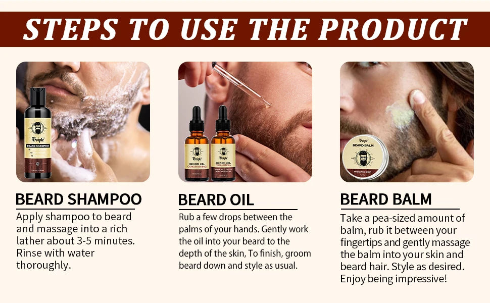 Beard Care Kit Whiskers Deep Clean Shampoo Conditioning Volumizing Oil Moustache Balm Beards Moisturizing and Smoothing Products
