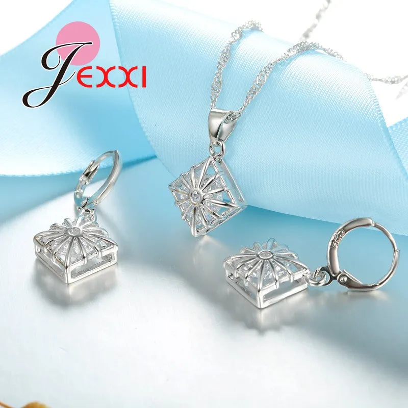 Trendy Women Wedding Jewelry Set 925Sterling Silver Color Color Austrian Crystal Pendant Fashion Necklace + Earrings Set