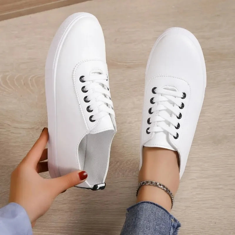 Off White Shoes Sneakers Women Lace-up Shallow White Leather Shoes Versatile Soft Sole Running Walking Zapatos Student Campus