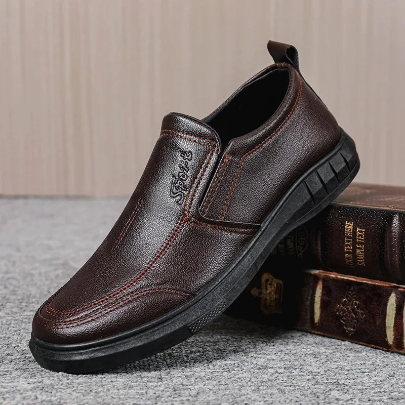 Men's Leather Shoes Breathable Lightweight Business Slip-On Anti-Slip Middle-Aged And Elderly Shoes Comfortable All-Seasons Wear