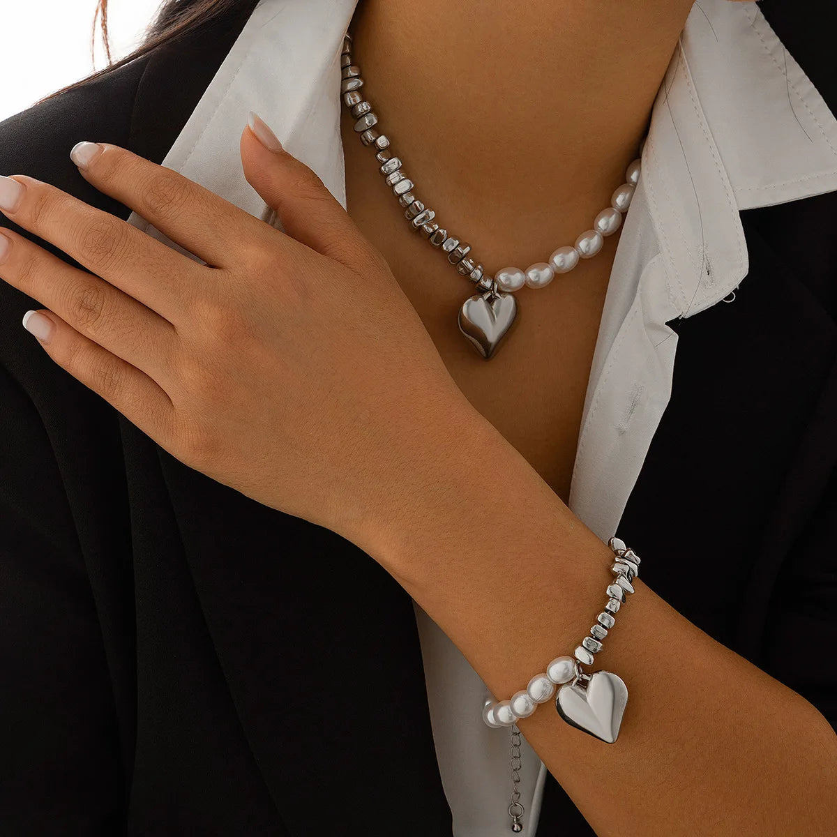 Vintage Irregular CCB Imitation Pearl Splicing Water Drop Pendant Tassel Necklace Bracelet Set Women's Fashion Charm Jewelry Set