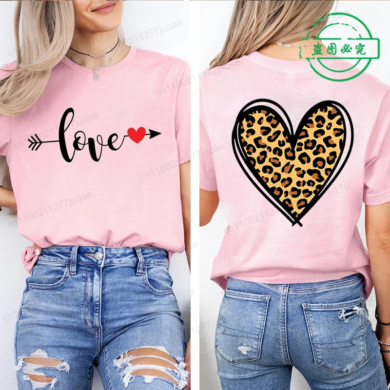 Leopard Heart Shirt T-Shirt Xmas for Women T Shirts Retro Valentine Heart T-Shirts Casual Short Sleeve Tshirt Women Pink Clothes