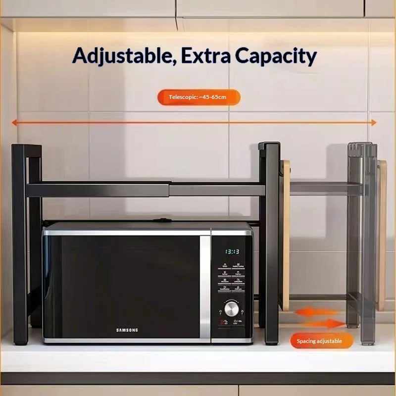Countertop Kitchen Microwave Storage Rack, Telescopic Desktop Shelf for Rice Cookers and Ovens, A Household Storage Organizer