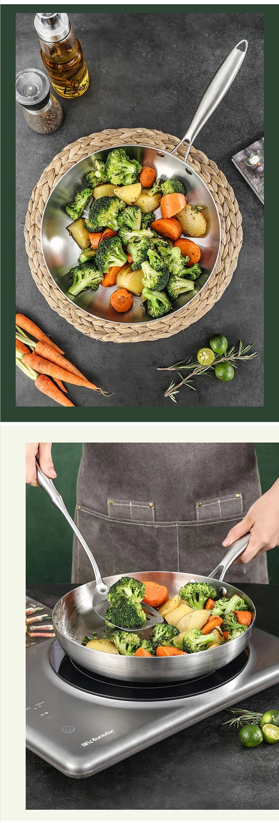 304 Stainless Steel Frying Pan, NonStick Pan Fried Steak Pot Uncoated Kitchen Cookware For Gas Stove and Induction Cooker