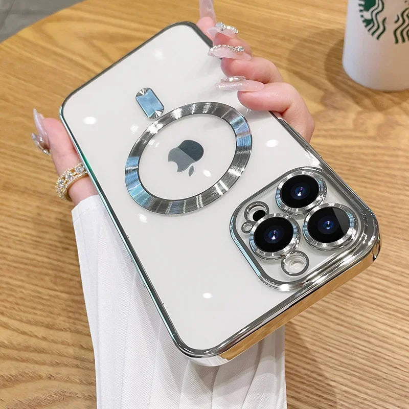 Luxury Plating For Magsafe Magnetic Case For iPhone 17 16 15 14 13 12 11 Pro Max Plus Wireless Charge Cover With Lens Protector