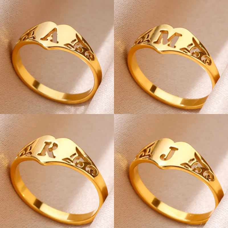 Fashion Hollow Initial Letter Heart Rings For Women Gold Color Stainless Steel A-Z Letter Ring Aesthetic Wedding Jewelry Gift