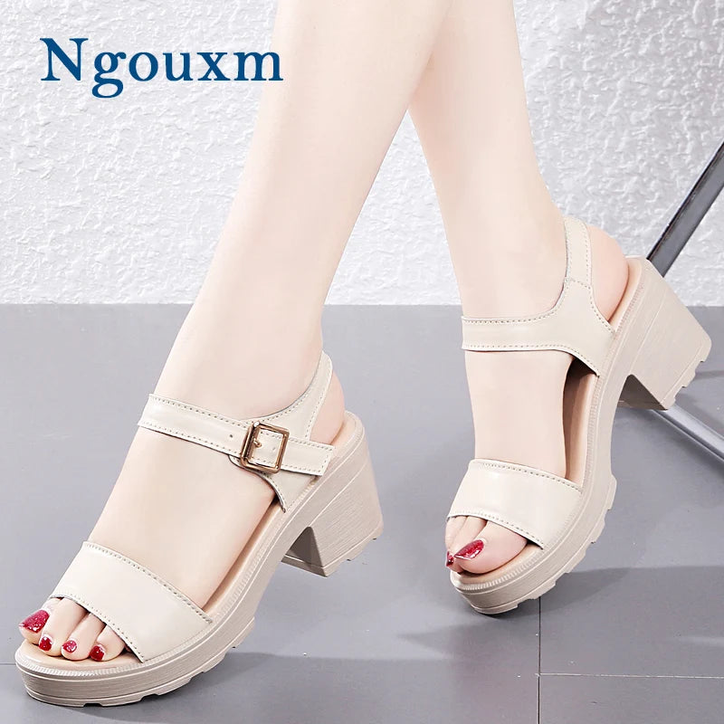 Ngouxm High Heels Gladiator Sandals Woman Open Head Sexy Block Heel Platform Shoes Summer Buckle Size Women Sandals