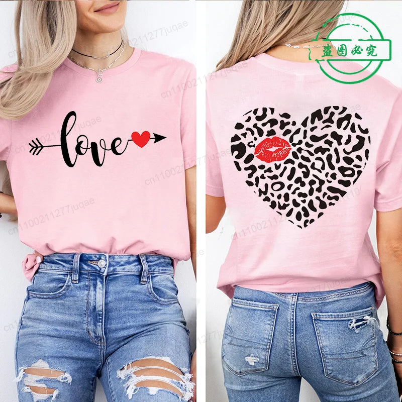 Leopard Heart Shirt T-Shirt Xmas for Women T Shirts Retro Valentine Heart T-Shirts Casual Short Sleeve Tshirt Women Pink Clothes
