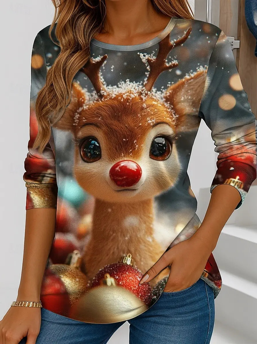 Christmas Women's T-shirt Cute Animal elk 3D Print Crew Neck Outdoor Festival Long Sleeve T Shirts Women Clothing Pullover